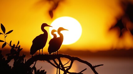 Wall Mural -  A pair of birds perched on a tree branch against a sunset backdrop, with a tranquil body of water in the distance