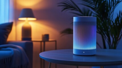 Aufkleber - A sleek smart speaker with colorful lighting sits on a wooden table, enhancing a warm and inviting atmosphere in a softly lit living space during the evening hours.