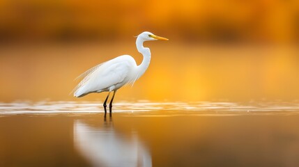 Wall Mural -  A long-necked white bird stands in a tranquil waterbody Behind it, a vibrant sunset painted with shades of yellow and orange unfolds in the backdrop