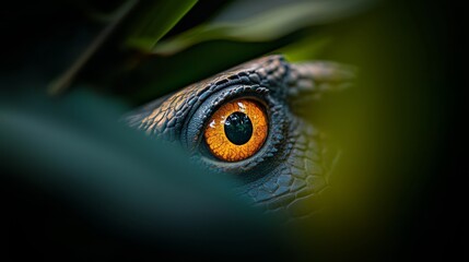 Wall Mural -  A tight shot of an animal's eye with a leaf in the front and a plant in the background