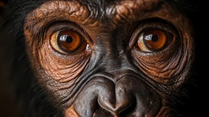  A tight shot of a monkey's expressive face with intensive gaze and deep-set brown eyes