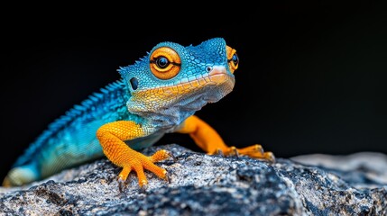 Wall Mural -  A tight shot of a blue-yellow lizard perched atop a rock against a dark background