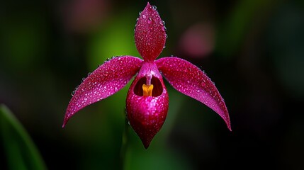 Canvas Print -  A tight shot of a pink flower, dewdrops glistening on its petals, backdrop softly blurred