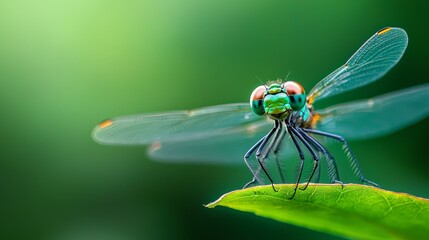 Wall Mural -  A tight shot of a green dragonfly atop a green leaf, background softly blurred