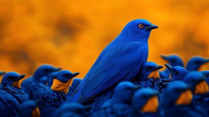 Canvas Print -  Blue bird atop a cluster of blue birds beneath a yellow sky with clouded backdrop