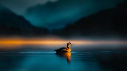 Canvas Print -  A duck floats on tranquil water, surrounded by a sky dotted with clouds and majestic mountain ranges in the backdrop