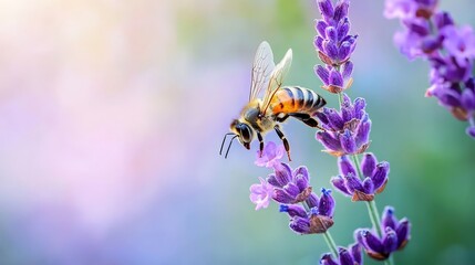 Wall Mural -  A bee atop a purple flower, near a plant with hues of green and purple, against a softly blurred background