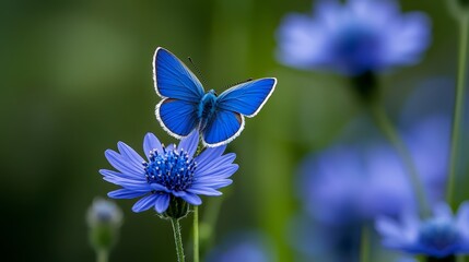 Wall Mural -  A blue butterfly sits on a blue flower, amidst a field of similar blooms Background softly blurred