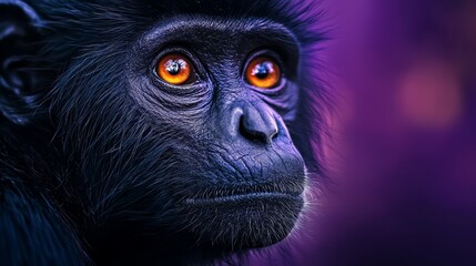 Wall Mural -  A tight shot of a monkey's face with vivid orange eyes against a blurred backdrop of indistinct lights