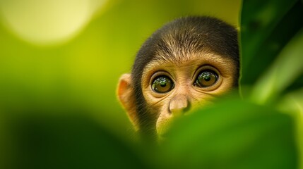 Wall Mural -  A tight shot of a monkey hiding behind a lush green plant, its bright eyes gazing out, backdrop of indistinct leaves softly blurred