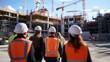 © SKIMP Art - people wearing high-visibility vests and white helmets, walking in front of a construction site with cranes on top of the building structure, on a bright day Generative AI