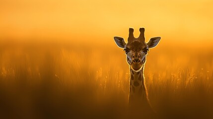 Wall Mural -  A giraffe's face, tightly framed by tall grass, against a backdrop of a yellow sky