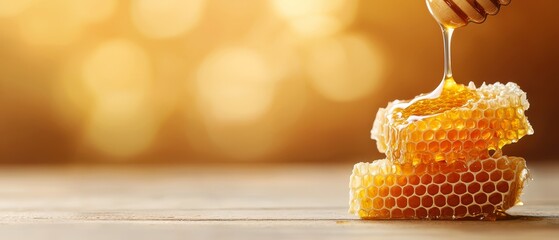 honey drips from a honey dipper Background softly blurred