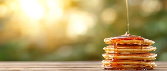 Wall Mural -  A stack of pancakes atop a wooden table, syrup drizzled