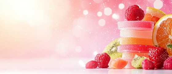 Wall Mural -  A table holds a stack of fruits against a plain, white backdrop Background softly blurred