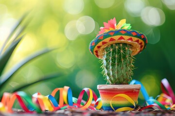 Creative summer concept with cactus wearing sombrero hat on party ribbons background outdoors