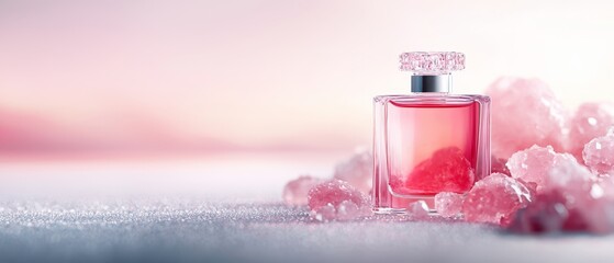 Wall Mural -  A bottle of perfume atop an icy pile with pink-white backdrop