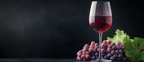 Wall Mural -  A glass of red wine adjacent to a cluster of grapes and a green leaf on a black table against a dark backdrop