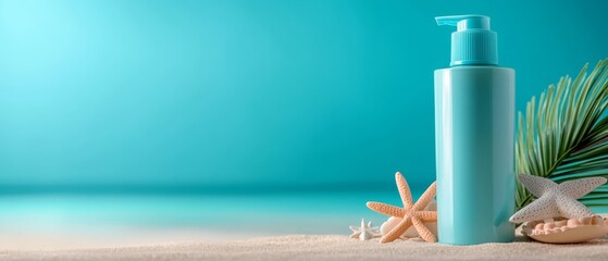 Wall Mural -  A bottle of lotion adjacent to a starfish and a palm leaf on a sandy beach against a turquoise backdrop