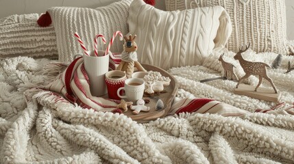 Canvas Print - A cozy winter scene featuring soft white blankets, warm coffee mugs with candy cane straws