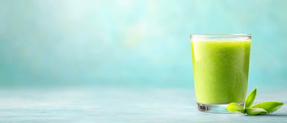 Wall Mural -  A glass holding a green smoothie sits next to a green leaf on a blue-green tablecloth against a light blue backdrop