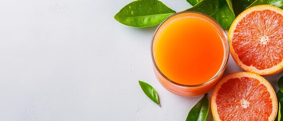 Poster -  A glass of orange juice beside sliced grapefruits on a white table, surrounded by green leafy foliage