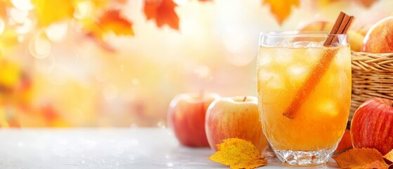 Wall Mural -  A glass of apple cider next to apples and autumn leaves in baskets on the table