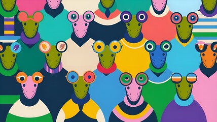 imaginative animal notion. A group of basilisks wearing colorful, wildly mismatched costumes in an advertising with a vibrant background and copy space. birthday celebration invitation banner

