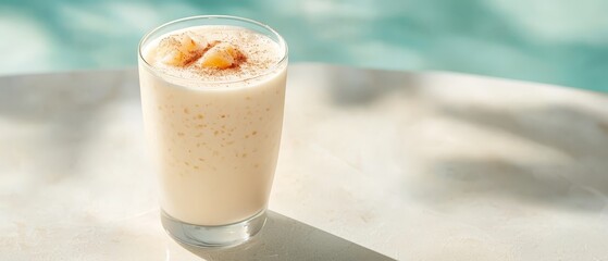  A milkshake in a glass rests on a table by the pool, garnished with a fruit float atop