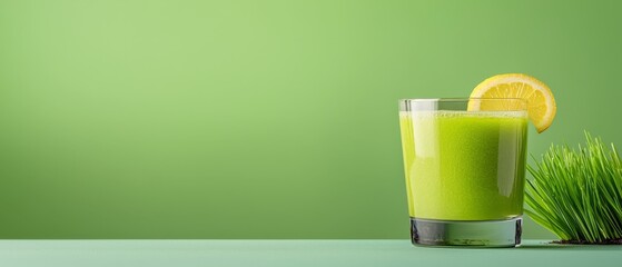 Wall Mural -  A glass of green smoothie with an orange slice atop and lush grass backdrop