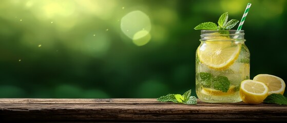 Wall Mural -  A mason jar filled with lemonade and mint, topped with a straw, and decorated with two slices of lemon on a weathered wooden table