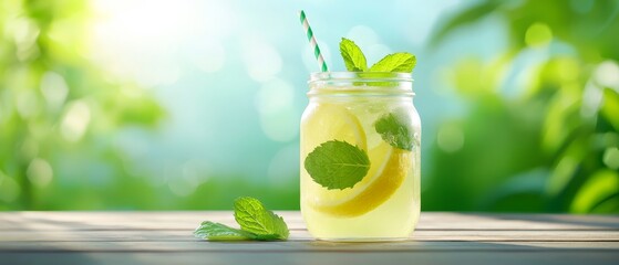 Wall Mural -  A mason jar filled with lemonade and a sprig of mint Includes a straw and a green leaf next to it