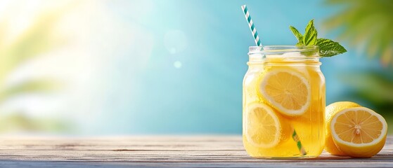  A mason jar filled with lemonade, complete with a striped straw and two slices of lemon resting on its rim