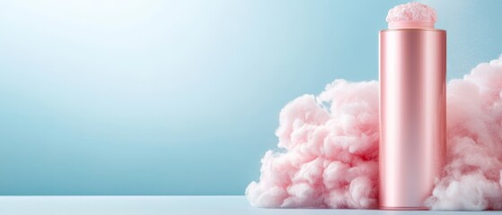 Wall Mural -  A pink tube releasing a puff of pink smoke against a light blue backdrop; background features a blue sky