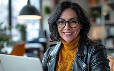 Confident smiling woman in her thirties wearing glasses and a stylish leather jacket in a modern office setting