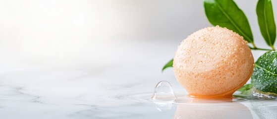 Wall Mural -  A bath ball atop a white surface beside a green, leafy plant and a puddle of water