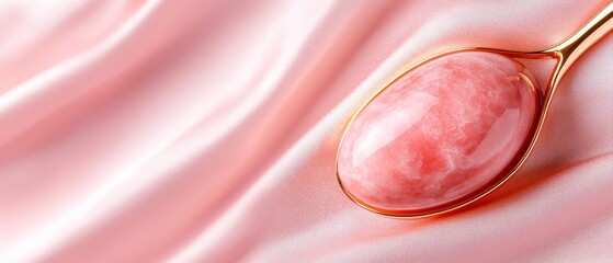  A close-up of a rose-tinted spoon with a pink liquid within, atop a velvety pink satin surface The golden handle gleams in contrast