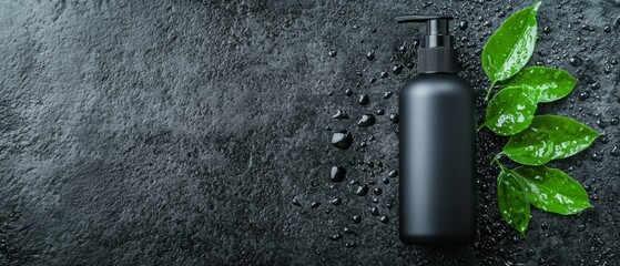 Wall Mural -  A black background showcases a bottle of lotion next to a fresh sprig of green leaves, with droplets of water gracefully resting on the leaves and lotion rim