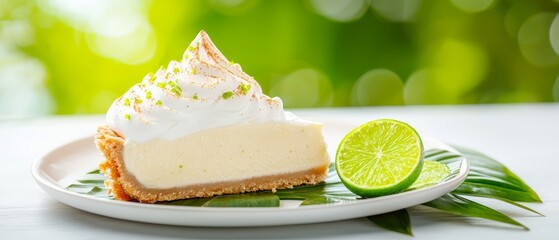 Wall Mural -  A slice of cheesecake on a plate, garnished with a lime slice and surrounded by leafy greens