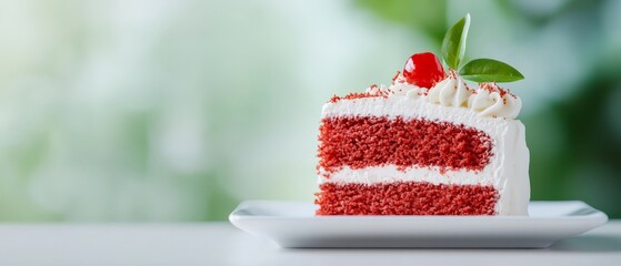 Wall Mural -  A red velvet cake piece, topped with white frosting and a solitary green leaf, sits elegantly on a pristine white plate