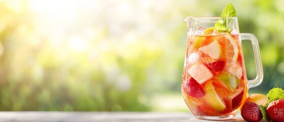 Wall Mural -  A pitcher brimming with fruits sits on the table, accompanied by a mound of strawberries and raspberries nearby