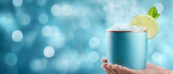 Wall Mural -  Hand holds a blue-tinted cup filled with ice and a sliced lime atop, surrounded by bubbles and a solitary green leaf in the foreground