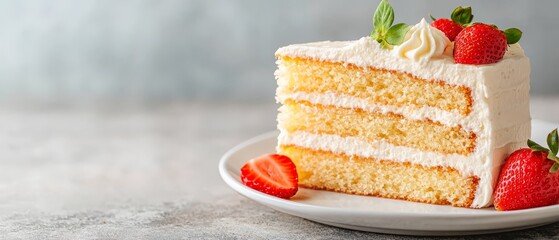 Wall Mural -  A tight shot of a cake slice on a plate, adorned with strawberries at its edge