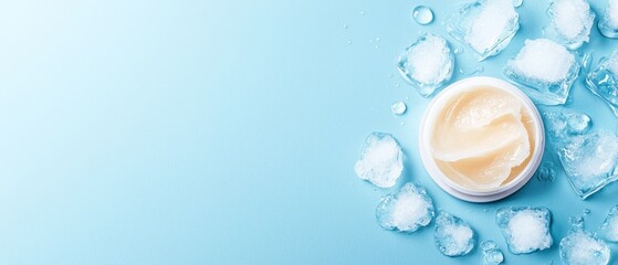 Wall Mural -  A white container, brimming with ice, rests atop a blue table Nearby, a mound of ice cubes awaits