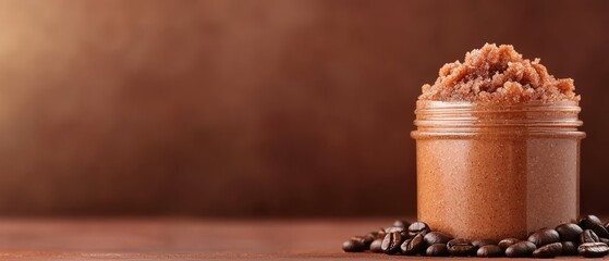 Wall Mural -  A jar of food, filled to the brim, on a table Coffee beans scattered nearby Brown wall in the background