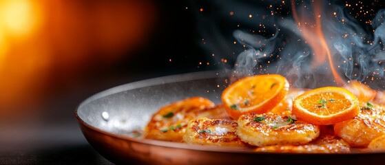 Wall Mural -  A frying pan overflowing with food, topped by oranges, emitting smoke from above