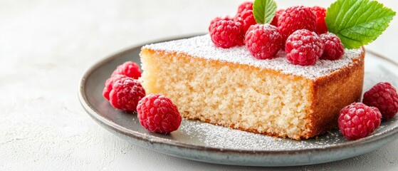 Wall Mural -  A cake slice topped with raspberries and dusted with powdered sugar