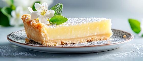  A slice of cheesecake on a pristine plate, garnished with a fragile flower atop, surrounded by a dusting of powdered sugar