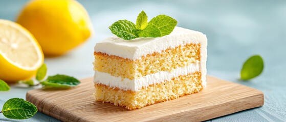 Wall Mural -  A cake sits atop a wooden cutting board; a lemon and mint garnish nestle nearby