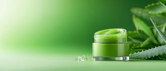 a jar of aloe vera next to an aloe plant, with a leaf or two of aloe vera on top